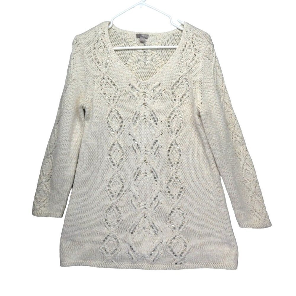 J Jill Cable Knit Sweater Chunky Knit Tunic Size‎ S Petite Sequin Cotton/Wool